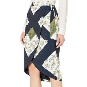 US4🍀Ted Baker London Saphir Pearl  Tulip Wrap Navy/Olive/Ivory Skirt